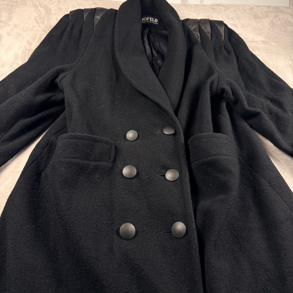 Vintage Jofeld Black Wool Blend Long Coat Leather Shoulder Detail USA Size S - Picture 4 of 12